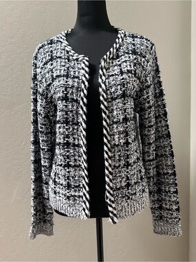 Mango Black & White Textured Open-Front Cardigan